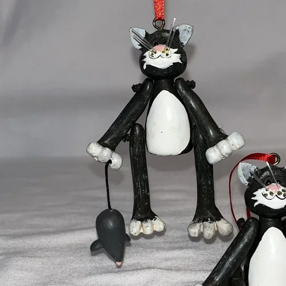 cat ornaments grey sitter dangle legs heart with mouse Set of 2 Approx 4 Inches - Picture 2 of 12